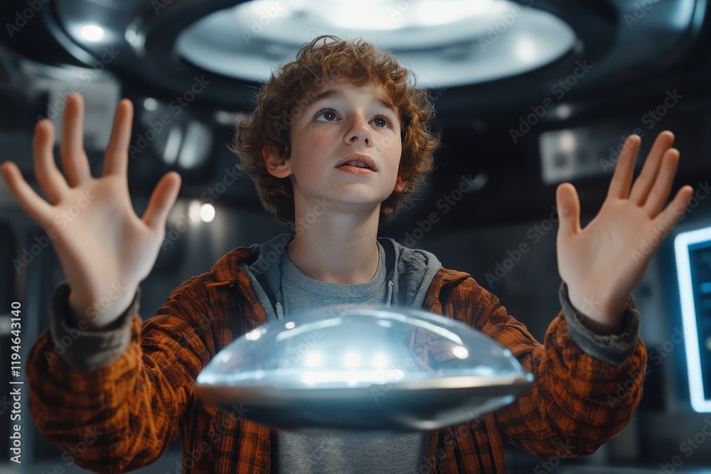 Poster A young boy reaches towards a floating, luminous object inside a high-tech lab, showcasing his fascination with futuristic technologies and exploration.