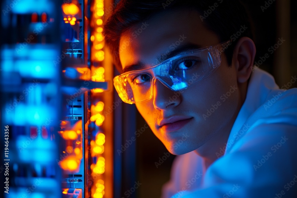 Leinwandbilder a young male scientist in a laboratory coat and wearing safety goggles works near an illuminated ser