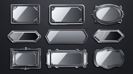 Game level metallic ui badges, empty silver or steel square banners. Isolated metal award frames or bonus graphic elements, trophy achievement, winner appreciation or user experience, Vector icons set
