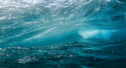 Obraz premium Underwater scene depicting a wave breaking on the ocean floor, illustrating the interaction between water and seabed.