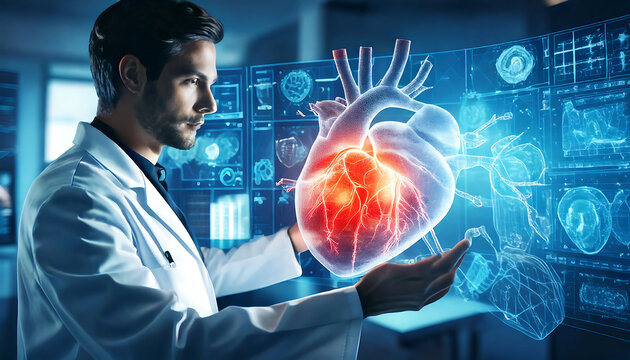 A focused doctor in a lab coat interacts with a futuristic holographic 3D model of a human heart.