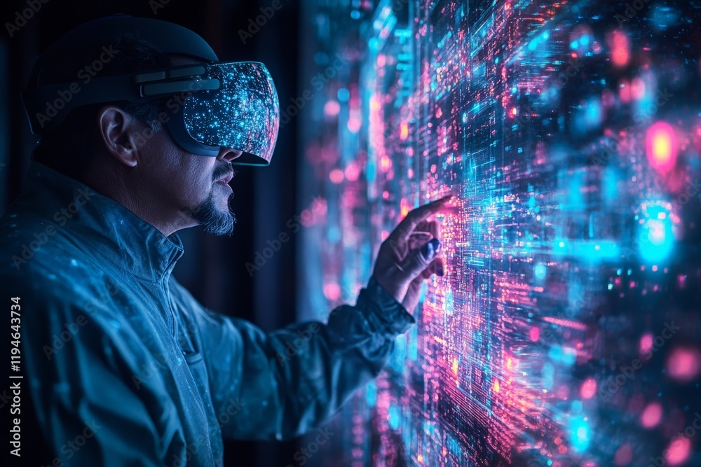 Poster A man wearing VR glasses interacts with a vivid, complex digital data visualization in a futuristic, tech-inspired setting, showcasing innovation and technology.