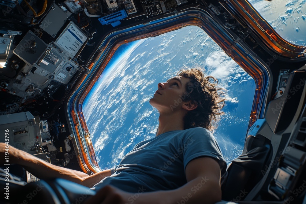 Poster an astronaut in a spaceship gazes thoughtfully at earth, capturing the sense of exploration and the 
