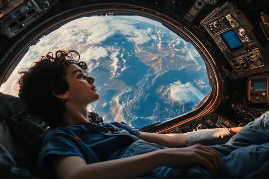A young astronaut marvels at Earth from the window of a spacecraft, highlighting space exploration, wonder, and the breathtaking beauty of our planet in vivid detail.