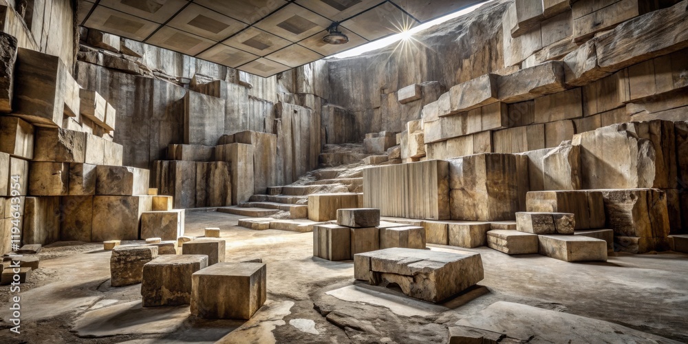 Poster sunlit stone blocks in an interior quarry setting