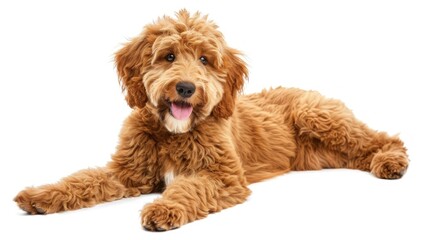 Happy red doodle puppy lying studio white background