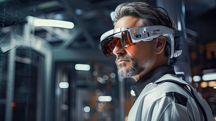 A worker uses an AR headset for inspection and production. A mal