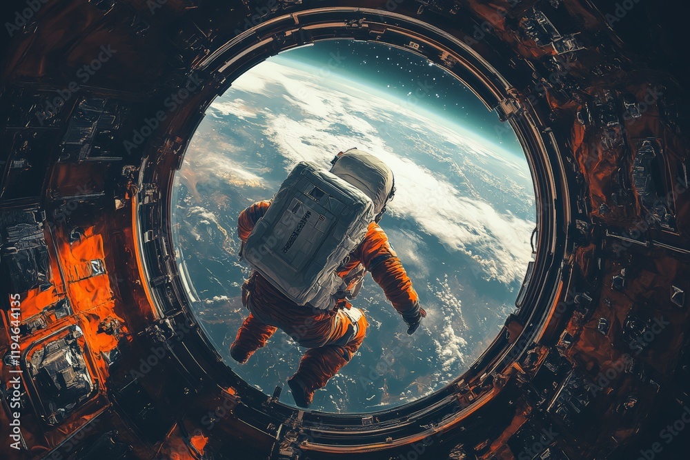 Poster An astronaut in a spacesuit floats outside a spacecraft with a stunning view of the Earth below, showcasing the vastness and beauty of space exploration.