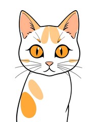 A playful and bold illustration of a calico cat with large orange eyes and prominent markings, outlined distinctly against a white background.

