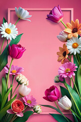 Pink floral border with tulips and daisies