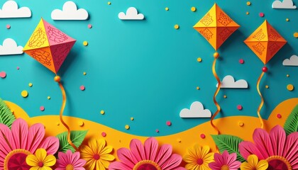 Fototapeta premium Happy Vasant Panchami background with paper-cut layered design of veena and kites featuring Happy Vasant Panchami.