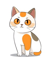 A charming, cartoon-style calico cat with distinctive orange and gray patches, sitting upright and gazing playfully.

