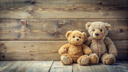 Rustic Wooden Background with Two Adorable Teddy Bears Sitting Together