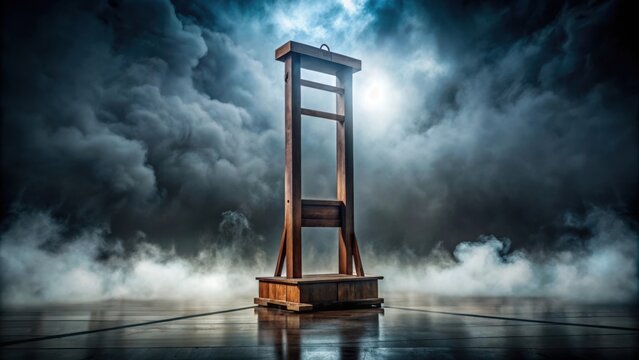 A dark and ominous wooden guillotine stands alone in a smoky setting