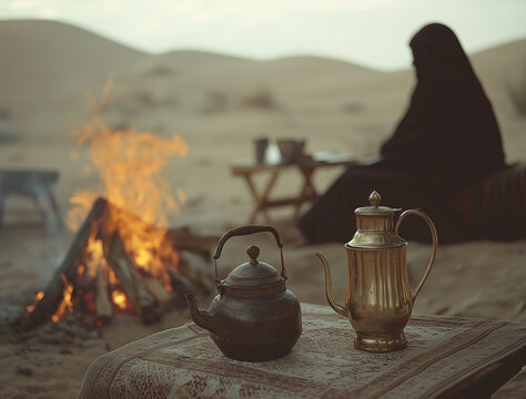 Vintage Teapot and Coffee Cup in a Desert Setting with Campfire during Ramadan Evening Generative AI