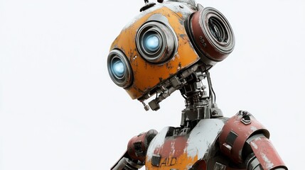 Close-up of a weathered rusty orange and white robot head and upper torso with glowing blue eyes