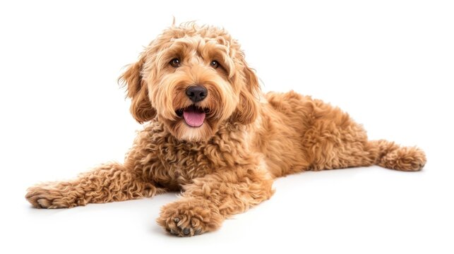 Happy golden doodle dog lying studio white background