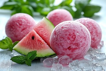 Refreshing Watermelon Sorbet Scoops with Slices and Mint