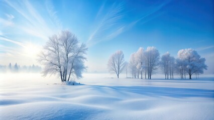 Serene Winter Landscape Frost-Covered Trees in a Snowy Field Under a Bright Blue Sky