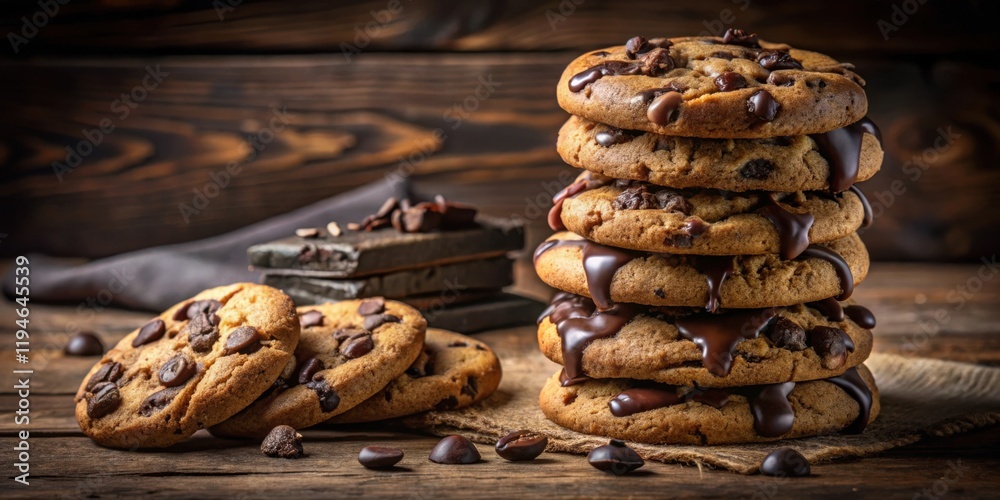 Poster a stack of decadent chocolate chip cookies drizzled with rich chocolate ganache, accompanied by addi