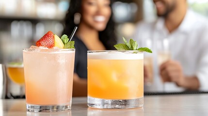Two colorful cocktails sit on a bar, garnished with fruit, while smiling friends enjoy drinks in a lively atmosphere.