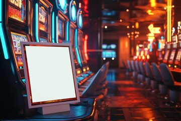 A neon casino with a white sign in the middle