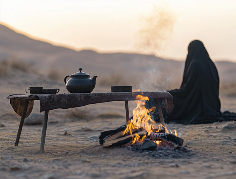 Vintage Teapot and Coffee Cup in a Desert Setting with Campfire during Ramadan Evening Generative AI