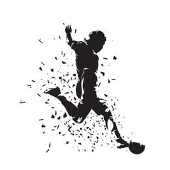 Football, soccer player kicking ball, isolated vector silhouette with dispersion effect. Footballer. Team sports