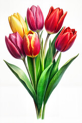 Fototapeta premium Bright red and yellow tulip bouquet on white