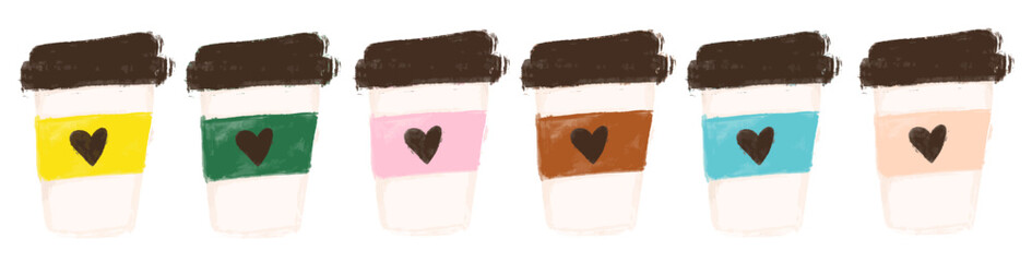 Set collection of colorful hot coffee paper cup with heart shape logo watercolor doodle crayon digital sticker clipart valentines