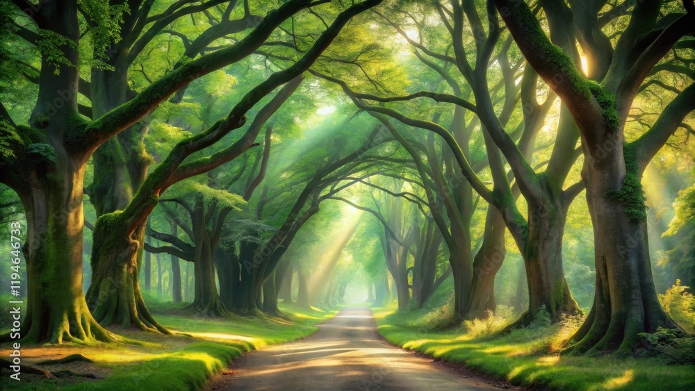 Poster Sunlit Path Through Ancient, Moss-Draped Trees in a Lush Green Forest