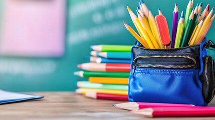 Colorful pencils in a blue pencil case on a desk in a classroom.