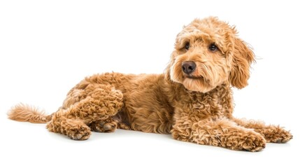 Fototapeta premium Adorable Goldendoodle Puppy Lying Studio White Background
