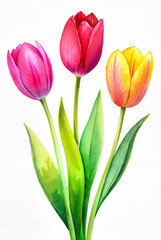 Obraz premium Three tulips with green stems on white background