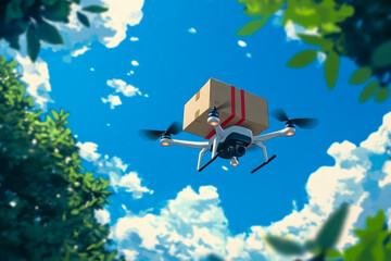 A white drone is flying in the sky carrying a box, cartoon style, 
