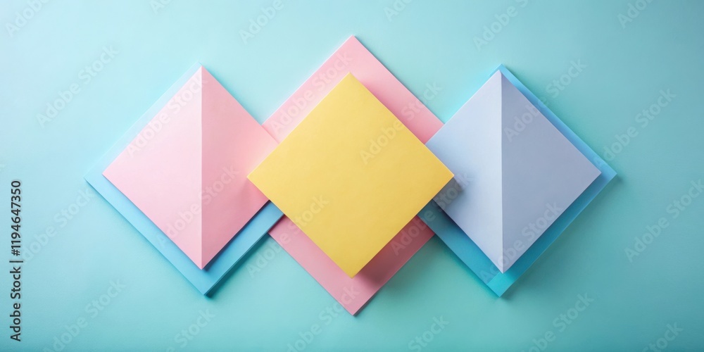 Poster pastel geometric shapes abstract design featuring layered triangles and squares on a light blue back