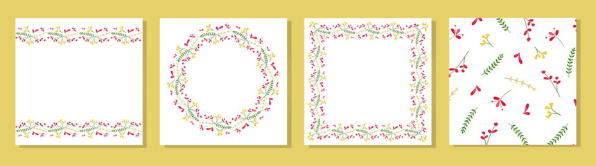Set of postcards with beautiful delicate flowers. Round, rectangular floral frames, and seamless pattern. Templates for card, poster, flyer, banner, cover, background, label, and tag.