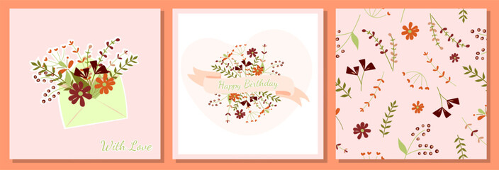 Set of floral  birthday postcards with beautiful blooming flowers on a light pink background, and seamless pattern. Cute postcards with delicate flowers, envelope with flowers in it, and wreath.