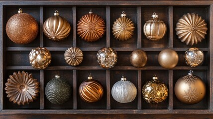 Elegant Gold and Bronze Christmas Ornaments in Wooden Box