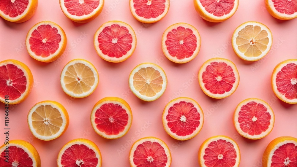 Poster vibrant citrus fruit pattern on a pink background showcasing juicy grapefruit and lemon slices