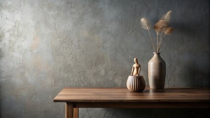 Serene Minimalist Still Life with Wooden Figurine and Dried Flowers on a Dark Wood Table