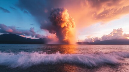 A massive explosion lights up the sky over water at sunset, creating vibrant colors and dramatic cloud formations against a serene landscape