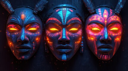 Obraz premium Neon Tribal Masks: A Glowing Portrait of African Heritage