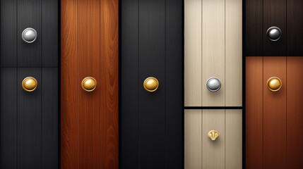 Fototapeta premium Wooden doors set isolated on transparent background. Vector realistic illustration of modern doorway with black, brown, white wood texture, golden and silver metal doorknob, interior design element