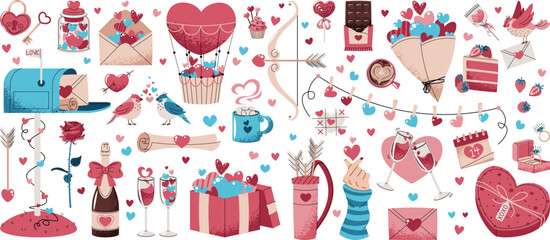 Valentine's day hand drawn cute elements set. Lovely vintage stickers in doodle style. Mailbox, bird, candy, cake, gift, champagne, hearts, etc.