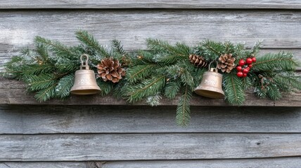 Rustic Christmas Bells and Evergreen Garland on Weathered Wood