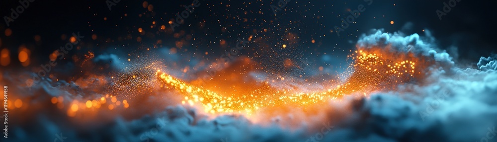 Poster bright particles illuminated against a dark background create a mesmerizing wave-like pattern in a s