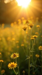 Fototapeta premium mustard flowers blooming with fairy dust overlay in soft, dreamy fantasy setting