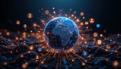 Business-Themed Design with Digital Globe Surrounded by Glowing Lines and Financial Icons on Dark Gradient Background Generative AI