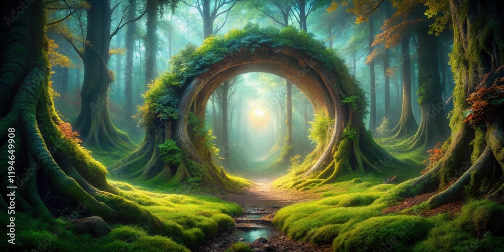 Poster Mystical Forest Path Leading Through an Enchanting Arch of Ancient Trees